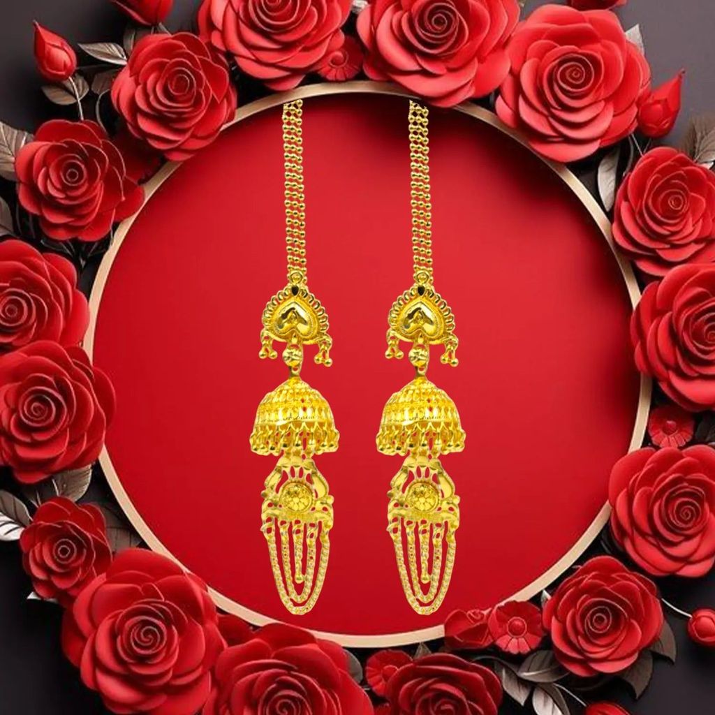 Attractive Sister Gold Plated Jhumka Earrings with Hair Chain β Royal Ethnic Jewelry for Women