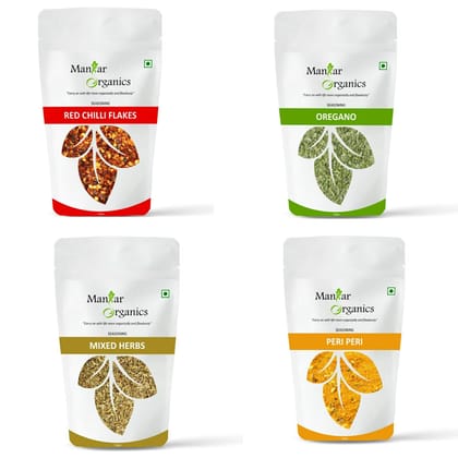 ManHar Organics Red Chilly Flakes 100gm, Dried Oregano Flakes 100gm, Mixed Herbs 150gm & Peri Peri Seasoning 150gm Combo ( Pack of 500gm) ManHar Organics Red Chilly Flakes 100gm, Dried Oregano Flakes 100gm, Mixed Herbs 150gm & Peri Peri Seasoning 150gm Combo ( Pack of 500gm)