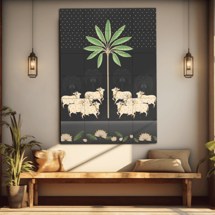 Sacred Cow Pichwai Indian Folk Art Wood Print Luxury Wall Tiles Set-2 x 3 Feet