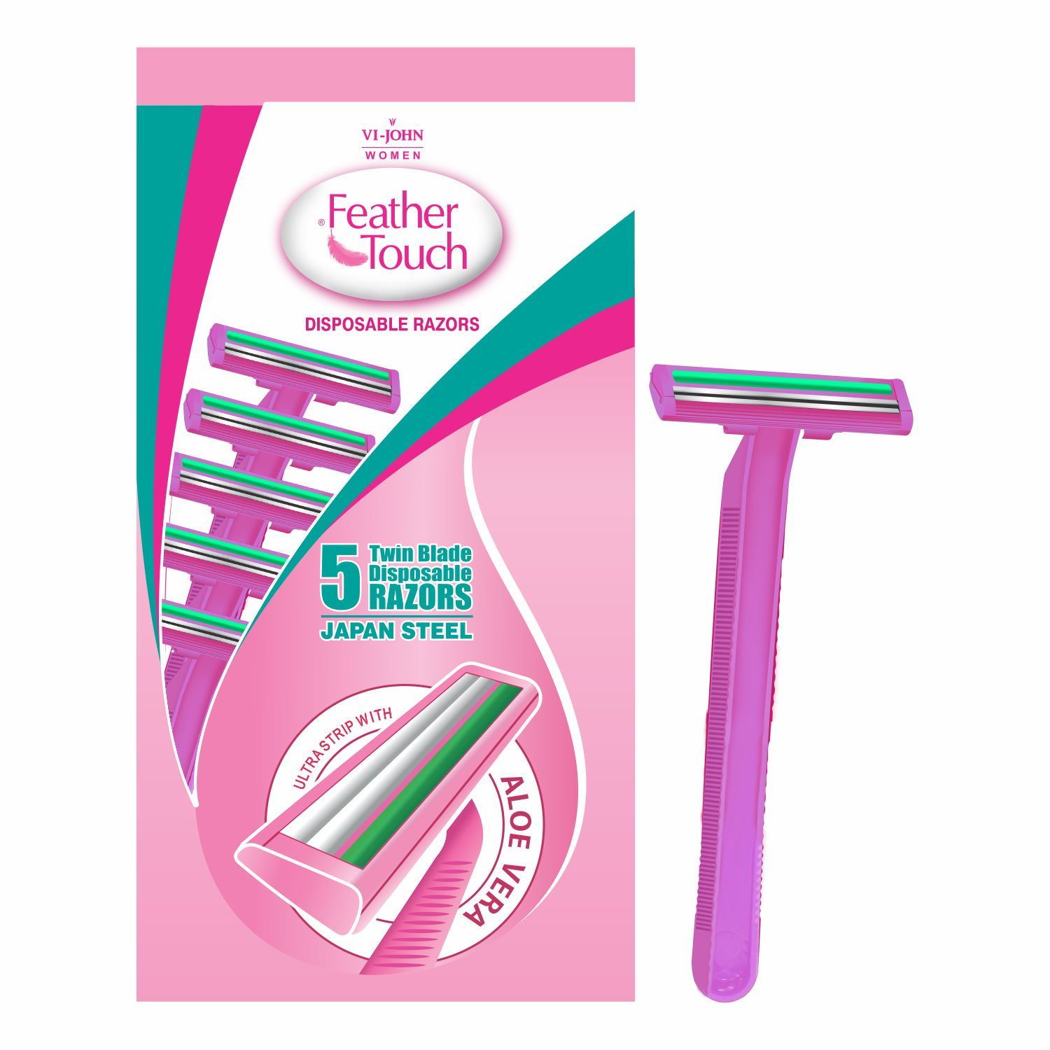 VI-JOHN Feather Touch Women's Disposable Razors, 5 Twin Blade Disposable Razors with Ultra Strip and Aloe Vera (Pack of 12)