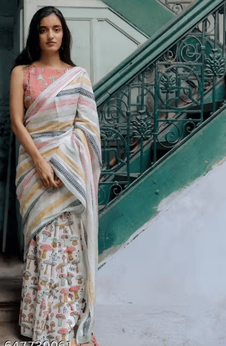 Stylish Linen Cotton Printed Saree for Party & Festive Wear