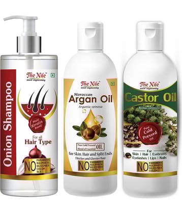 The Nile Red Onion Shampoo 200 ML + Argan Argan Oil 100 ML + Castor Oil 100 ML  Shampoo 400 mL Pack of 3