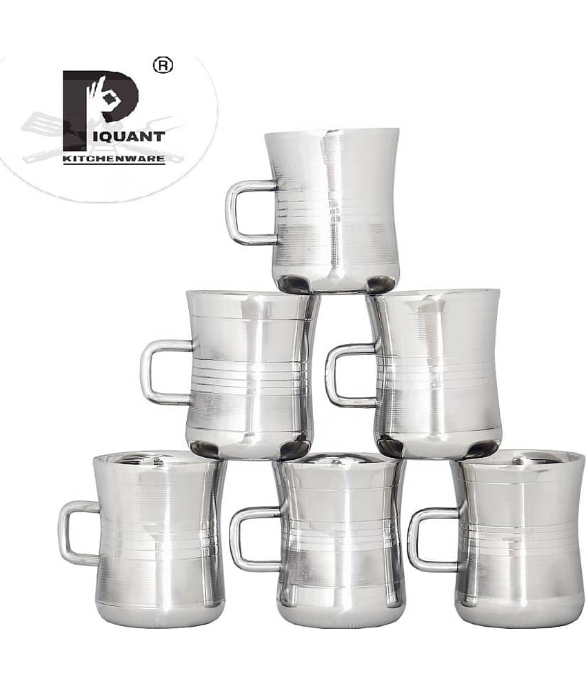 PIQUANT KITCHENWARE Steel Damru Fancy Double Walled Tea Cup 6 Pcs 90 ml