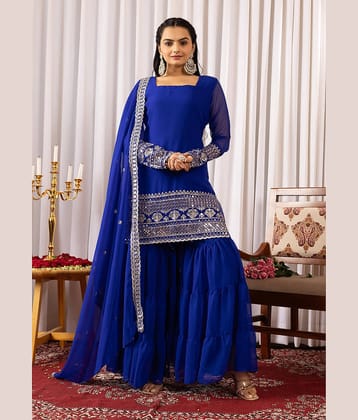 kedar fab Women Georgette Embroidered Straight Kurti With Sharara And Gharara ( Blue )