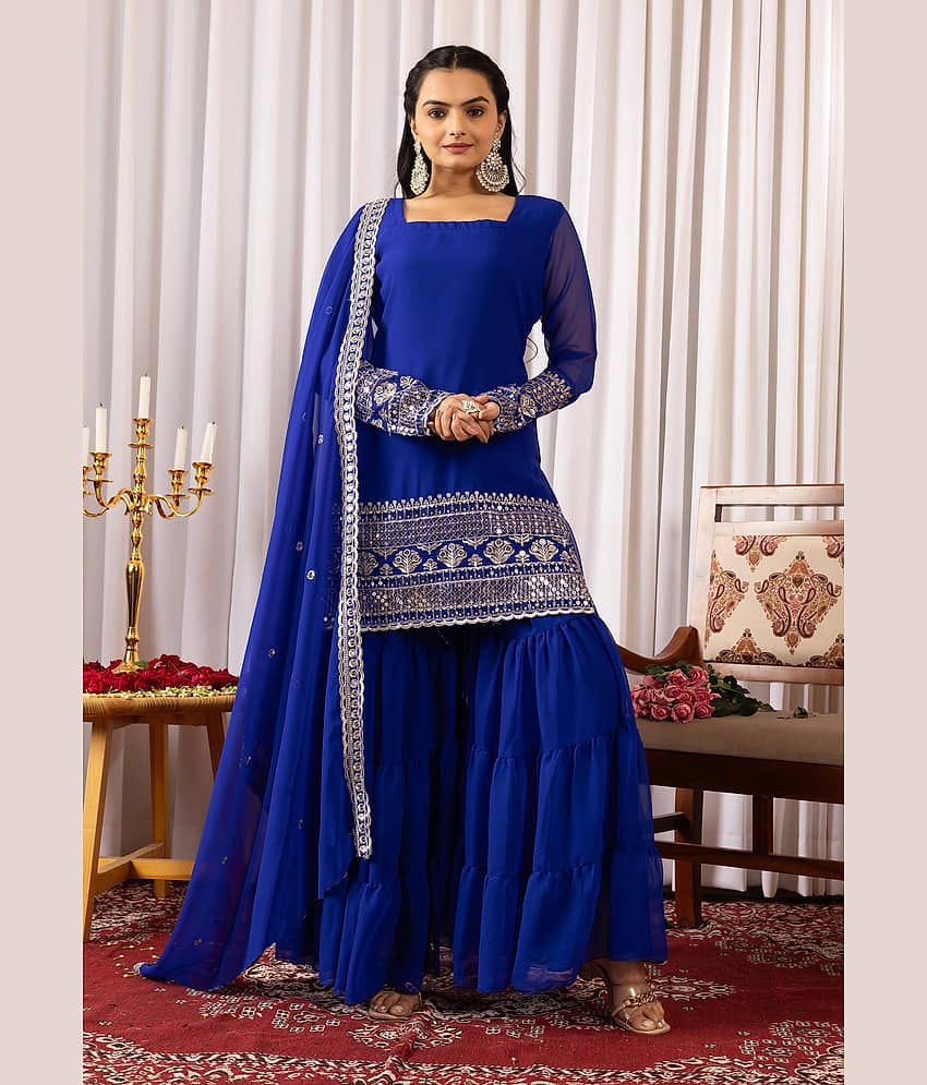 kedar fab Women Georgette Embroidered Straight Kurti With Sharara And Gharara ( Blue )