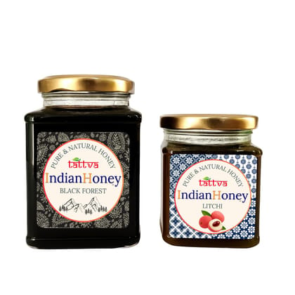 IndianHoney Black Forest (Honeydew) Honey & Buttery & Cognitive-Boosting Litchi Honey Combo Pack (500gm & 230gm) Black Forest & Litchi