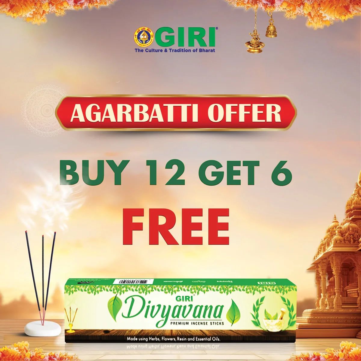 Giri Incense Sticks Pack | Buy 12 Get 6  | Scent Sticks Combo  | Agarbatti Pack  | Agarbathi Combo Pack for Pooja  | Scent: Divyavana