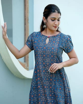 Ajrakh Cotton Boat neck Paneled Kurta with Puff Sleeves , Indigo Blue , KA1024-M