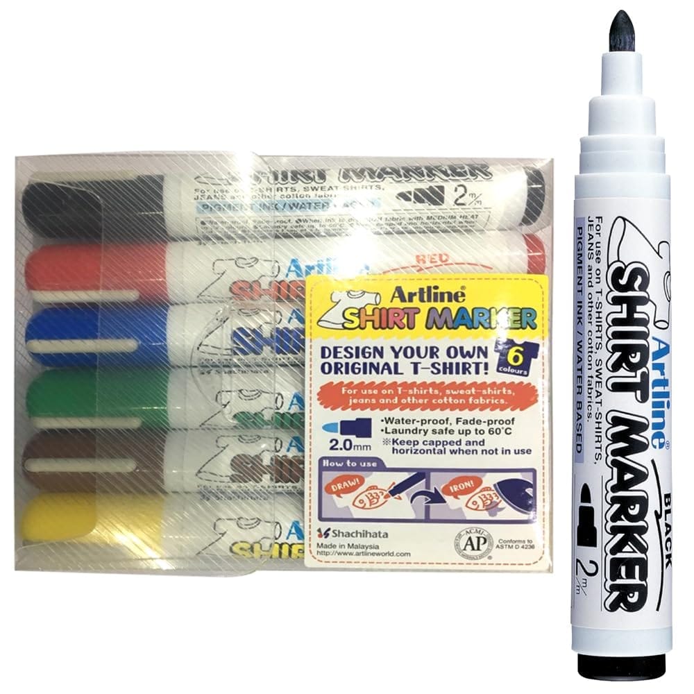Artline T-Shirt Marker Pack of 6 in Black, Blue, Red, Green, Brown & Yellow Colours | For use on T-SHIRTS, SWEAT-SHIRTS. JEANS and other cotton fabrics