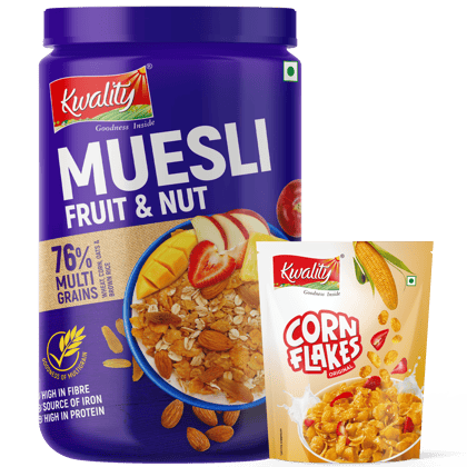 Kwality Muesli Fruit N Nuts 1Kg Jar & Corn Flakes 160g Pouch