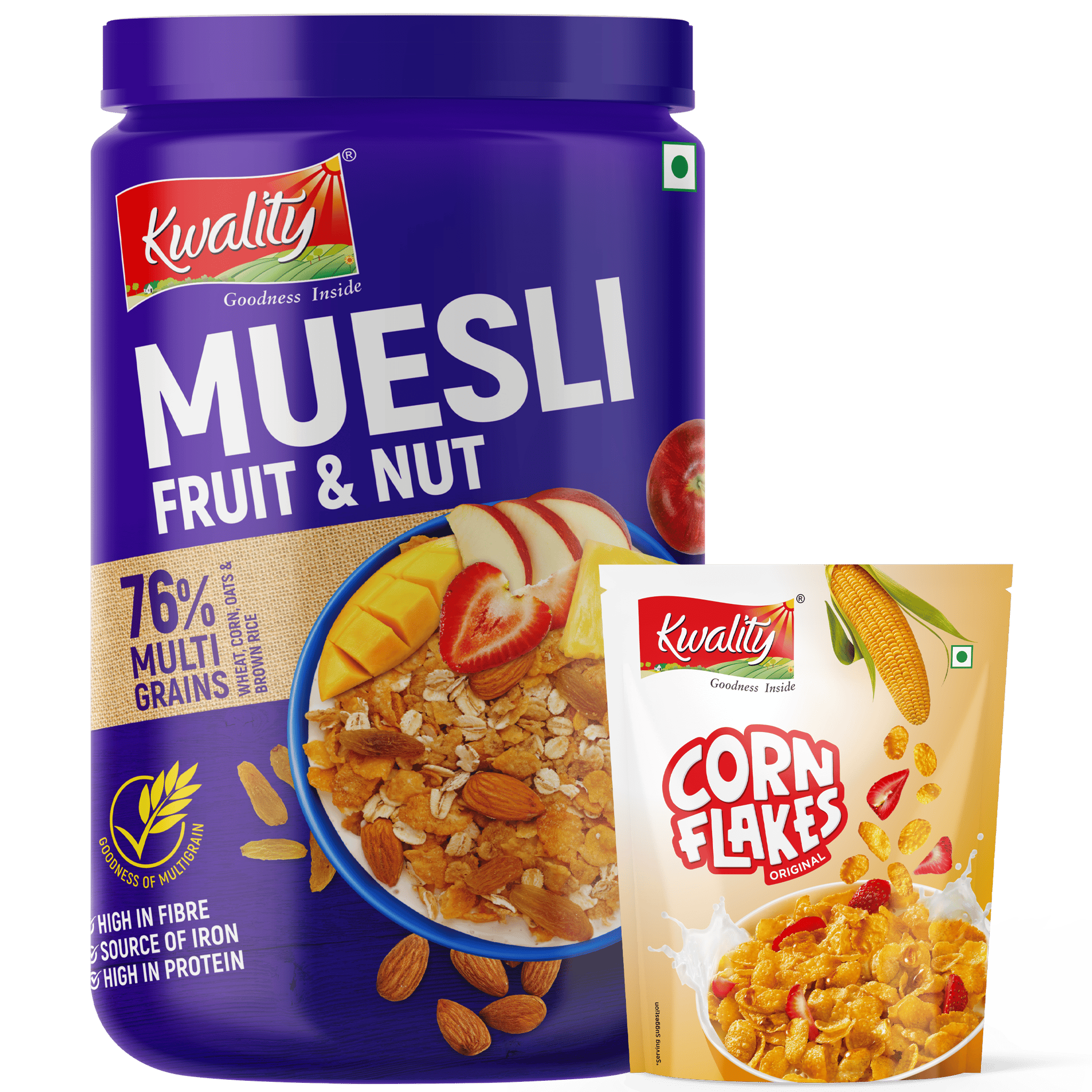 Kwality Muesli Fruit N Nuts 1Kg Jar & Corn Flakes 160g Pouch