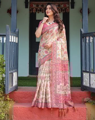 Cream and Pink Handloom Cotton-Linen Saree with Vibrant Floral and Elephant Motifs-Regular