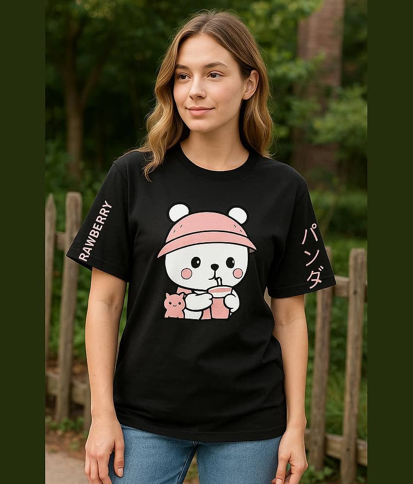 RF RAVES Women Cotton Blend Printed Oversized Fit Round Neck T-Shirt ( Black )