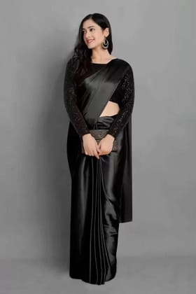 ANSH Womens Satin Solid Saree length (5.5m) & Blouse Piece Size (0.8m) (Black)