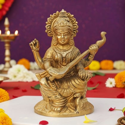 Brass Saraswati Devi Murti - Traditional Handcrafted Idol, Height : 5 Inch (BSMAS1114 S)