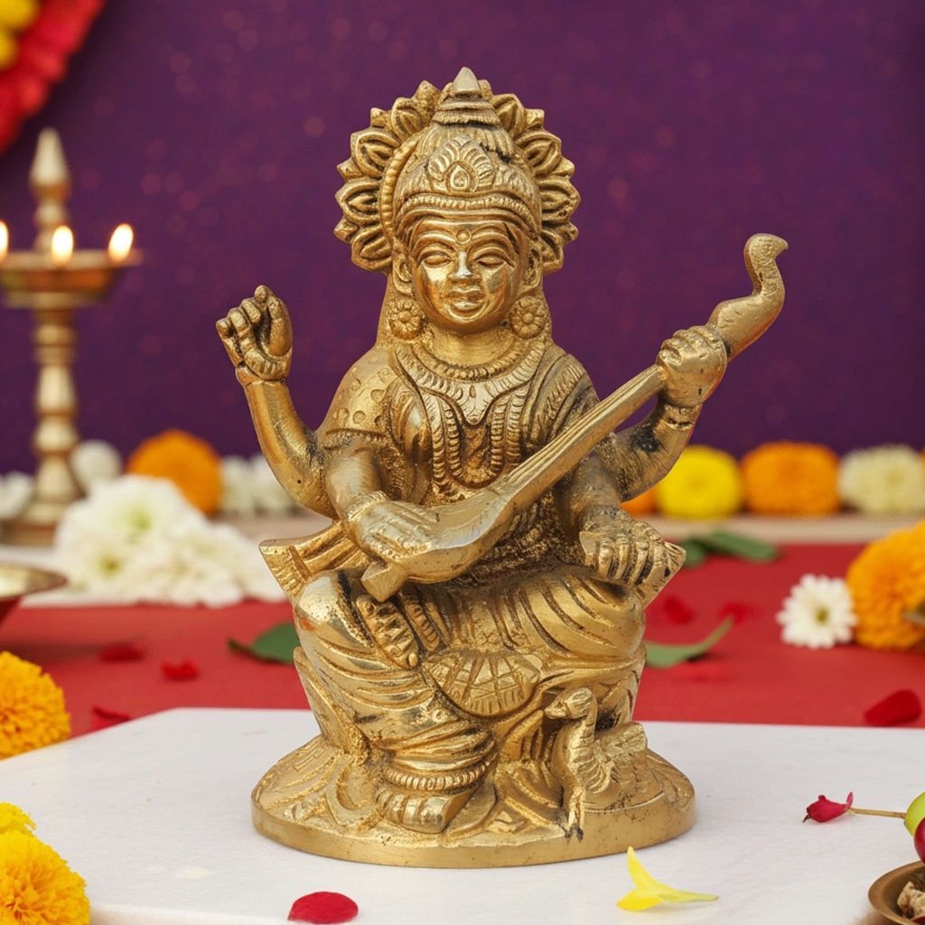 Brass Saraswati Devi Murti - Traditional Handcrafted Idol, Height : 5 Inch (BSMAS1114 S)