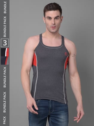 Men's Assorted Pack of 3 Solid Combed Cotton Racerback Styled Gym Vest Men's Assorted Pack of 3 Solid Combed Cotton Racerback Styled Gym Vest