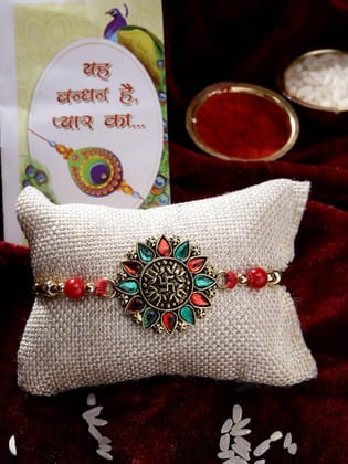 NVR Men Red & Gold-Toned Stone-Studded Rakhi With Roli Chawal-Freesize / Multi / Alloy