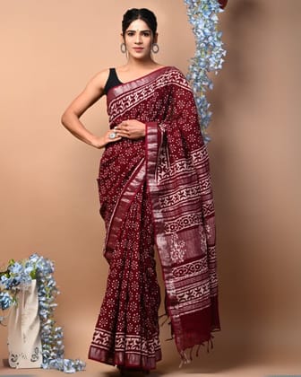 Versatile Linen Blockprinted Saree Berry Red