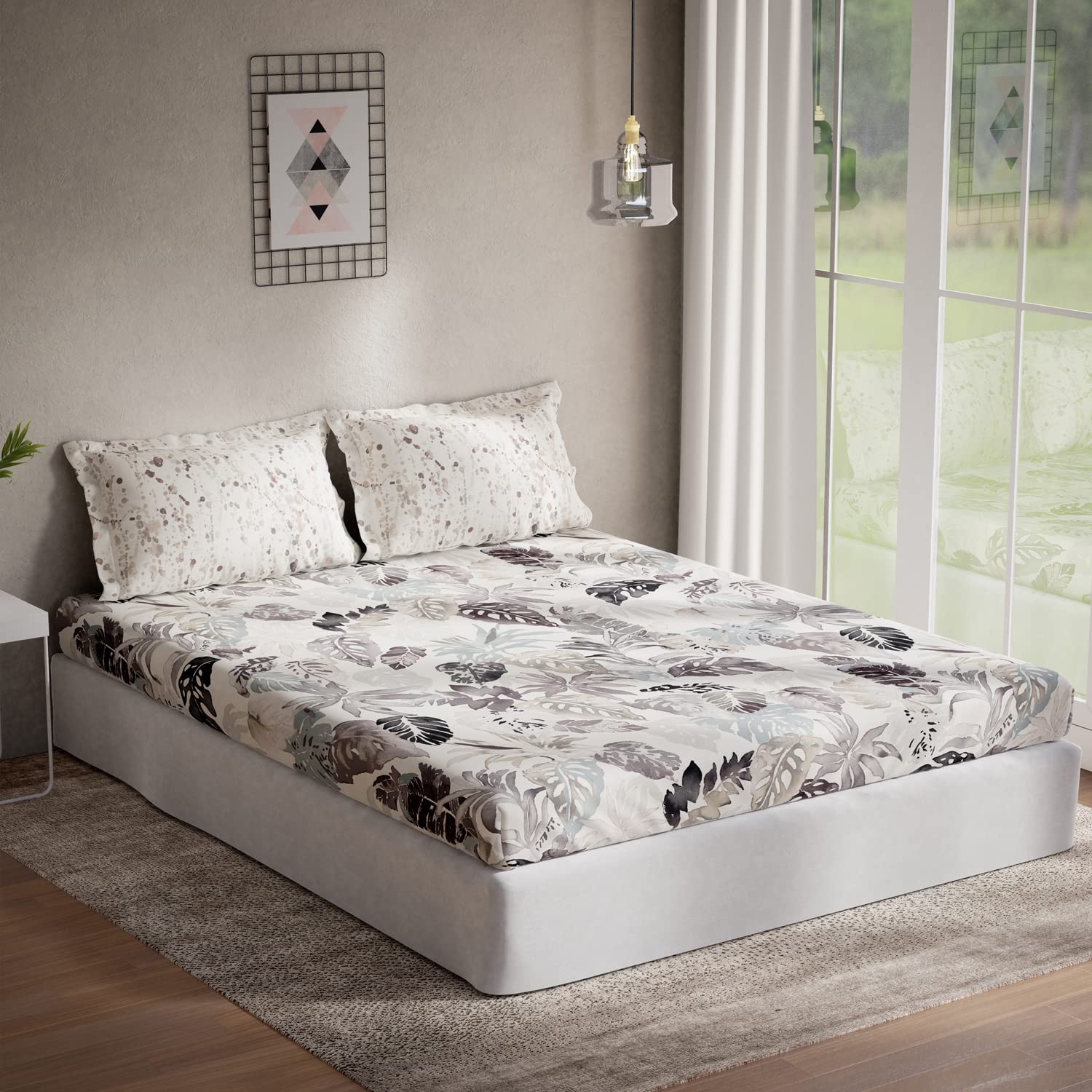 DDECOR - Optima Collection 100% Cotton Leaves Pattern 136TC Queen Bedsheet |224 CM X 254 CM| with 2 Pillow Covers - Gray