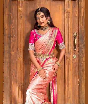 fab woven Art Silk Woven Design Kanjeevaram Sarees With Unstitched Blouse Piece ( Peach )