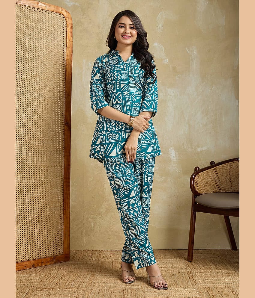 Women Basket Women Printed Tunic With Trousers Co-Ord Set ( Blue )