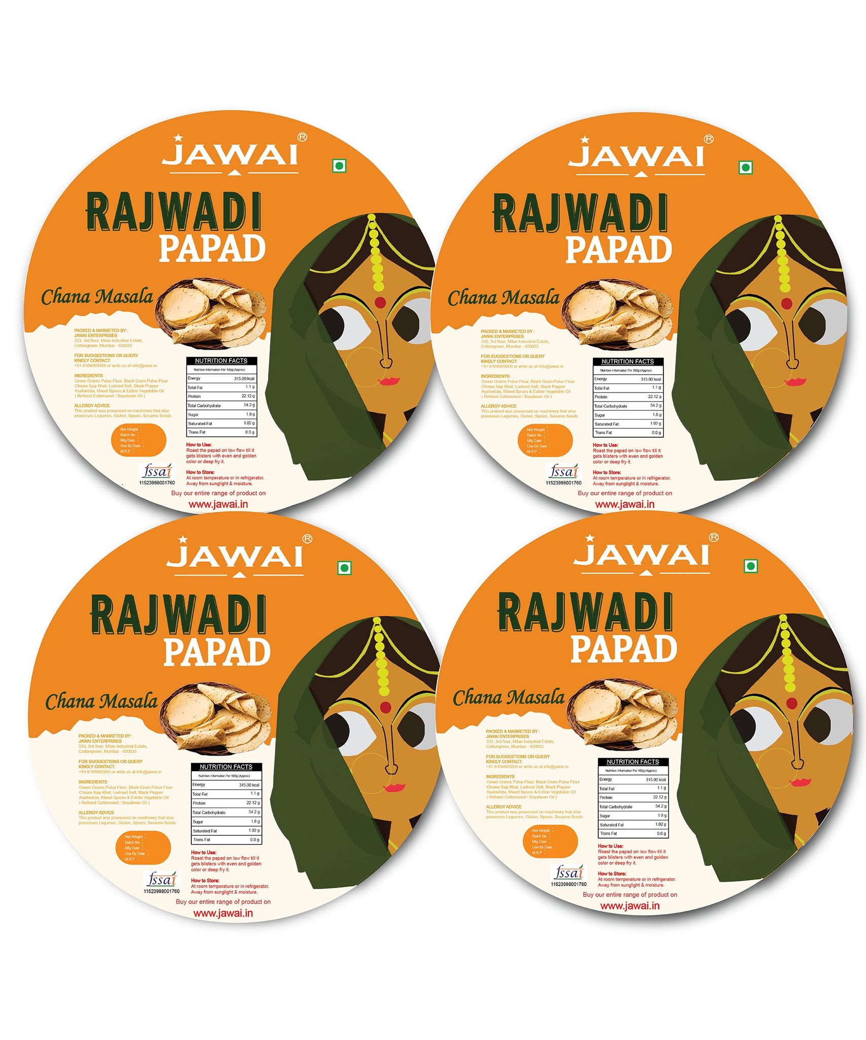 Jawai Chana Masala Papad | Protein Rich Masala Papad | 100% Natural | Handmade Papad | Spicy Papad | Rajasthani Flavor | Zipper Packaging | Pack of 4-100g Each-400g