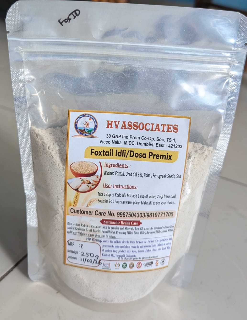 Hv Associates Foxtail Idli/Dosa Premix (250G) | Healthy Millet Instant Mix With Urad Dal & Fenugreek | For Soft Idlis & Crispy Dosas