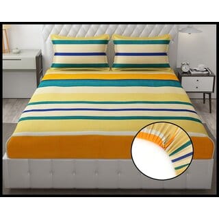 Double Bed Printed Cotton Elastic Fitted Bedsheet with 2 Pillow Covers (Fits up to 6 inch mattress)