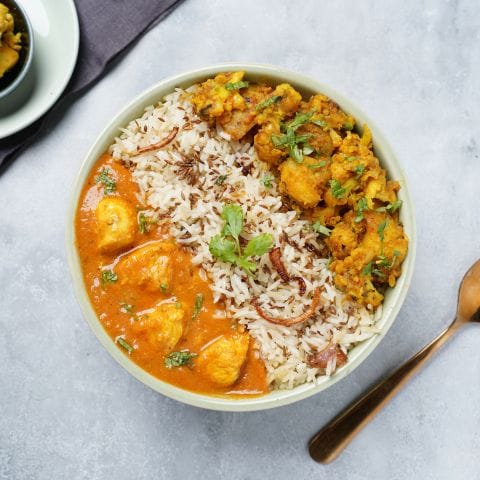 Butter Chicken Aloo Gobhi And Jeera Pulao