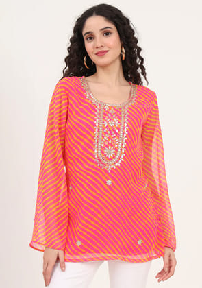 Pink Leheriya Gotta Patti Top-XS