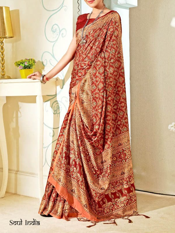 Pashmina Print Silk Saree - Rust Orange