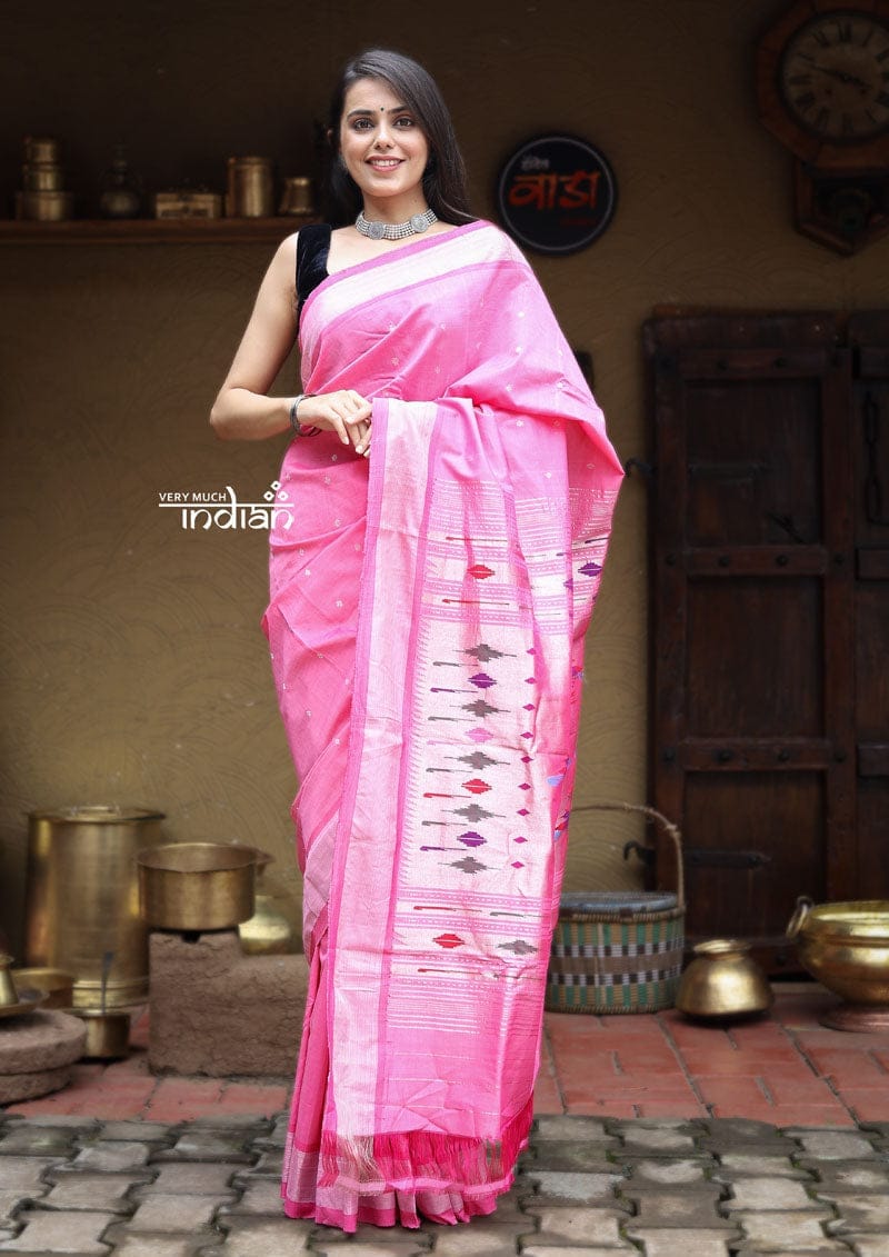 Utsaav ~ Traditional Handloom Cotton Paithani in Gorgeous Pastel Pink with Silver pallu