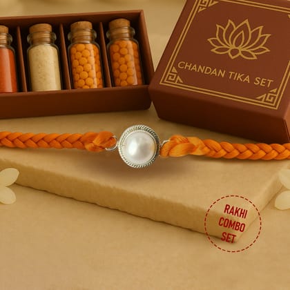 92.5 Silver Pearl Rakhi with Chandan Tilak Set