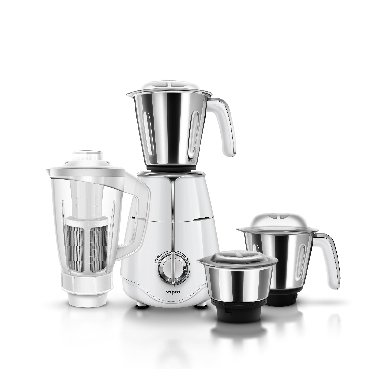 Wipro Elato FMG207 1000 Watt Mixer Grinder with 4 Jars(Wet Grinding Jar (1.5 L) + Dry Grinding Jar (1.2 L) + Chutney Jar (0.5 L) + Juicer (1.2 L)), 100% Copper Motor, 5 Years Motor Warranty,White Wipro Elato FMG207 1000 Watt Mixer Grinder with 4 Jars(Wet