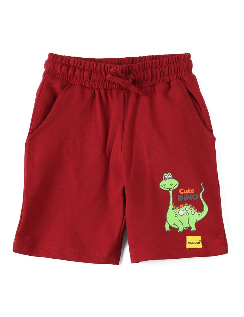 Stylish Kids Boys Shorts Cotton French Terry Winery Red Cute Dino 2025 at ShopCircuit | ONDC