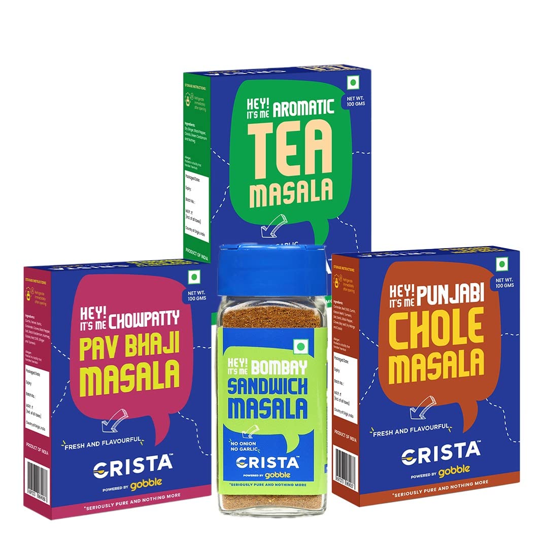 CRISTA Indian Street Food Seasonings Combo Pack (Pav Bhaji Masala 100 gm, Chole Masala 100 gm, Sandwich Masala 50 gm & Tea Masala 100 gm) - Pack of 4