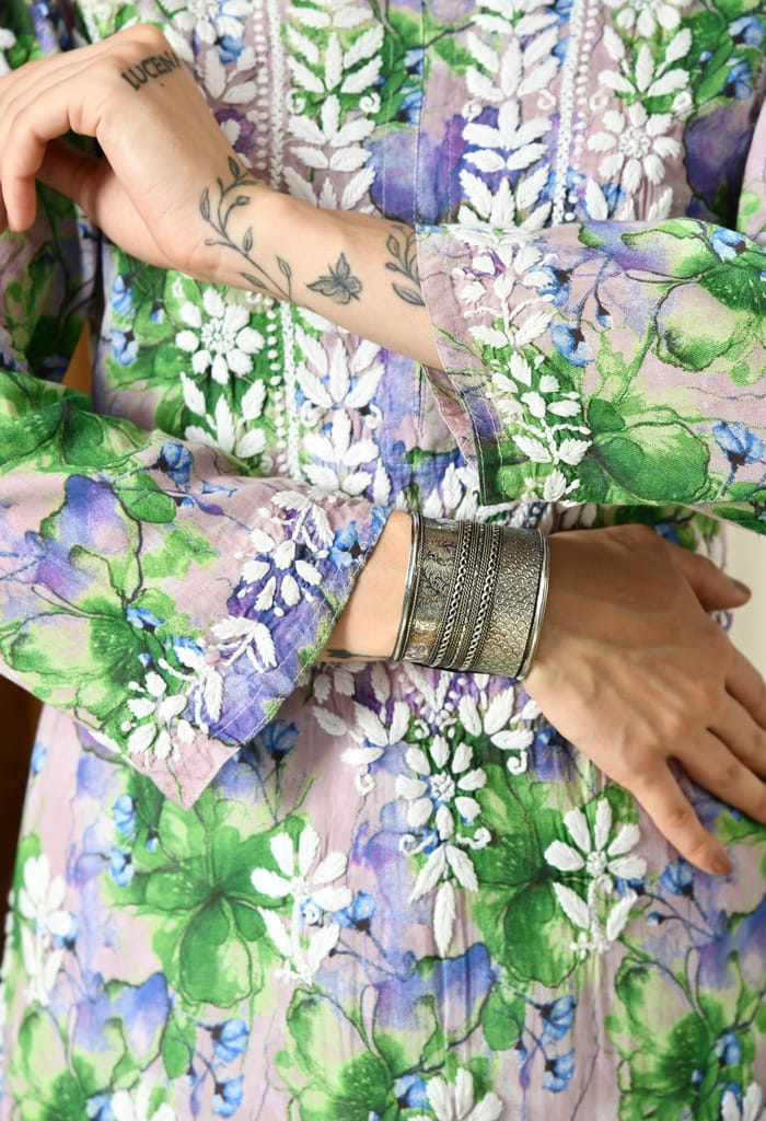 Multi color Mulmul Pure Cotton Lucknow Chikankari Kurta -Green