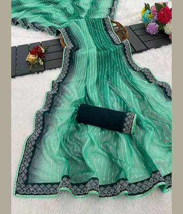 FABSILK Chiffon Striped Regular Saree With Unstitched Blouse Piece ( Green )