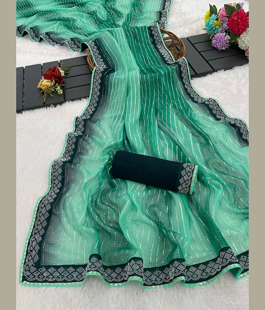 FABSILK Chiffon Striped Regular Saree With Unstitched Blouse Piece ( Green )