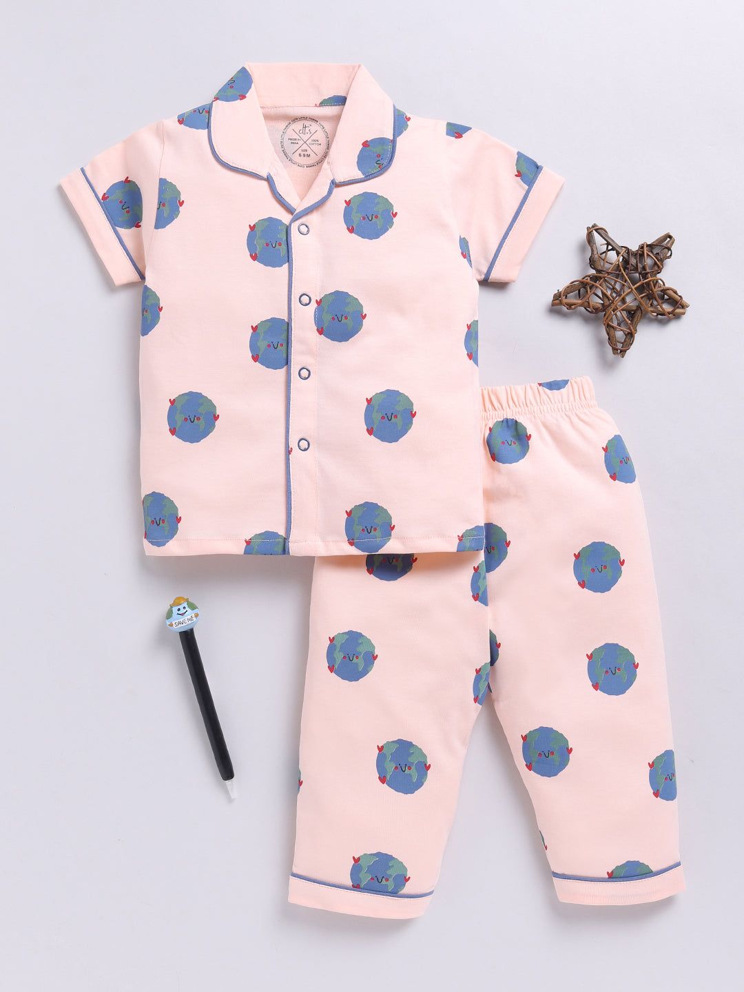 Planets Peach Cotton Half Sleeves Nightwear Set-6-9 m