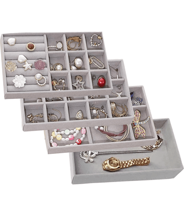 Velvet Jewellery Drawer Organiser, Jewellery Inserts Tray for Drawer, Set of 4 Jewellery Divider Storage Compartments Stackable Display Box, Grey Storage Holder For Necklace Earring