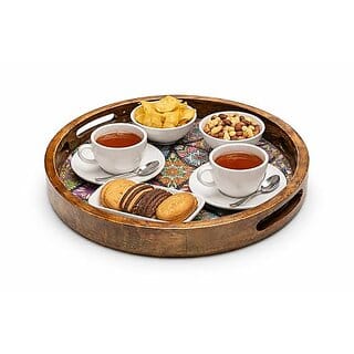 Wooden Serving Tray with Handles, 12 x 12inch Brown Dining Table and Decorative Tray Used for Drink Table Breakfast Serving Decorative Platters for Oversized Ottoman (14 inch Natural)
