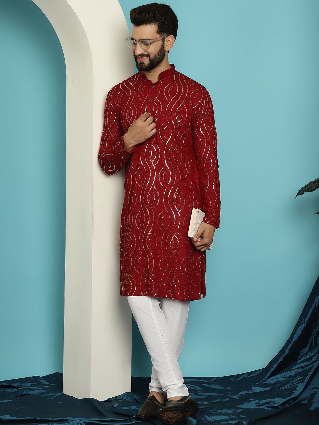 Men's Sequinned Cotton Maroon Kurta With Churidar-36