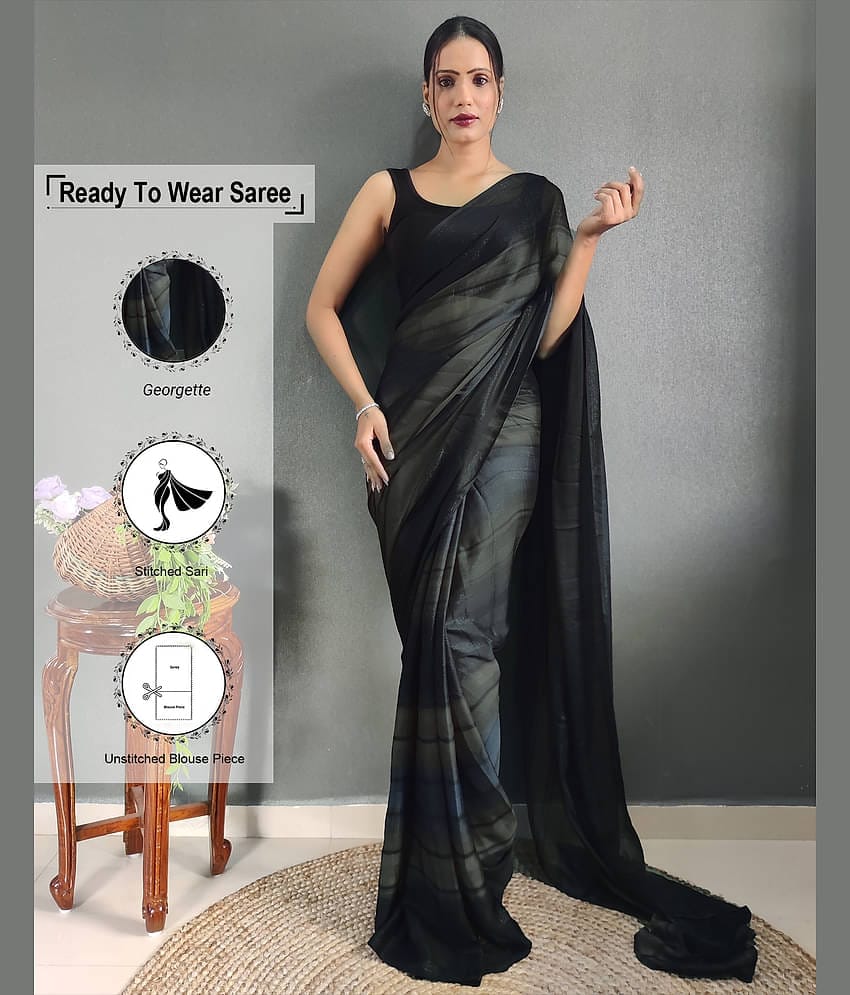 Satrani Georgette Printed Ready to Wear Saree With Unstitched Blouse Piece ( Black )
