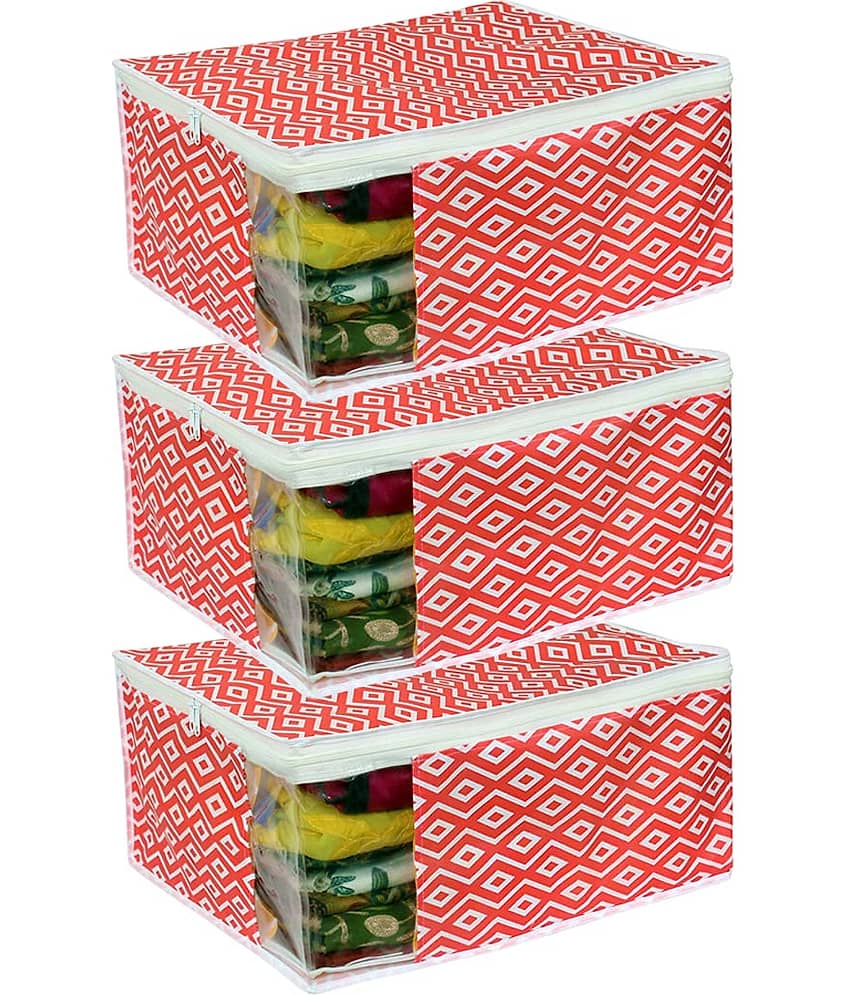 PrettyKrafts  Saree Cover Large with Creative Prints, Saree Storage Bag With Zip, Wardrobe Organiser, Clothes Cover & Storage,(Pack of 3) Diamond Red