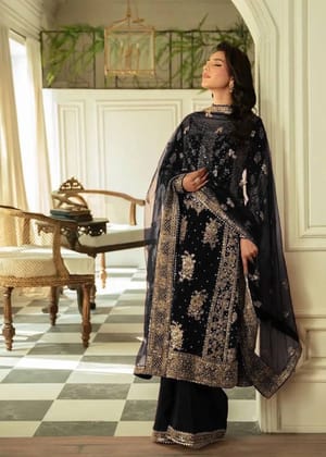 Faux Georgette Moti Work with Thread Embroidery Pakistani Suit (Ready To Wear)-Black / M(38)