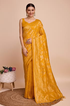 Mustard Yellow Woven Silk Saree