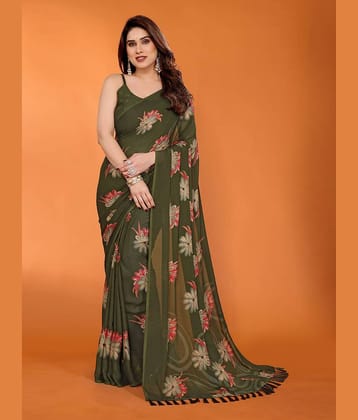DIKONA DESIGNER Crepe Printed Saree With Unstitched Blouse Piece ( Olive )