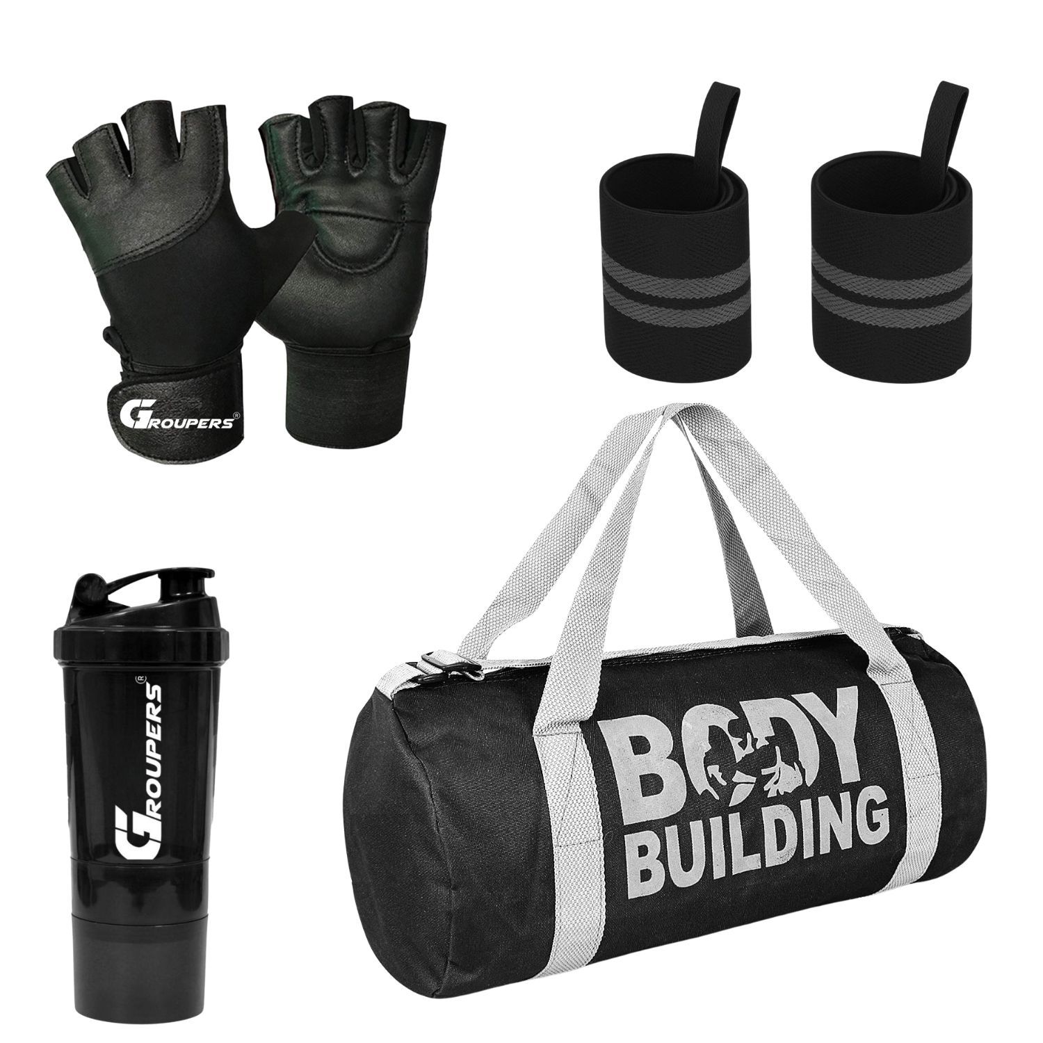 GROUPERS Duffle Canvas Bag with Shaker Bottle-500ml & GloveslSports & Travel BaglSports Kitl (Black)